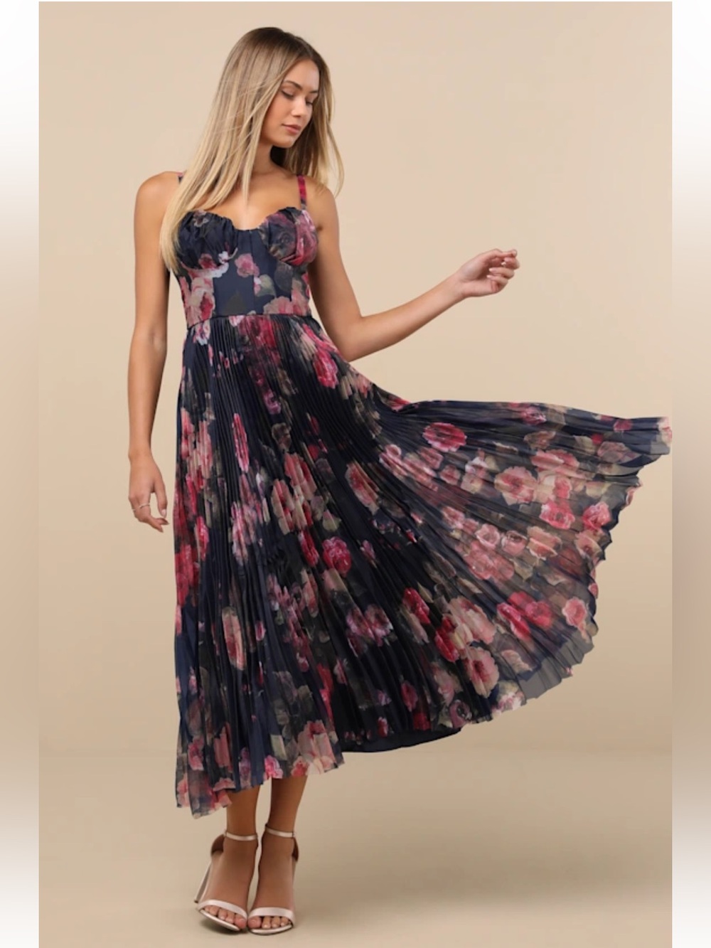 Lulu's Alluring Invite Midnight Blue Floral Pleated Bustier Midi Dress Size S